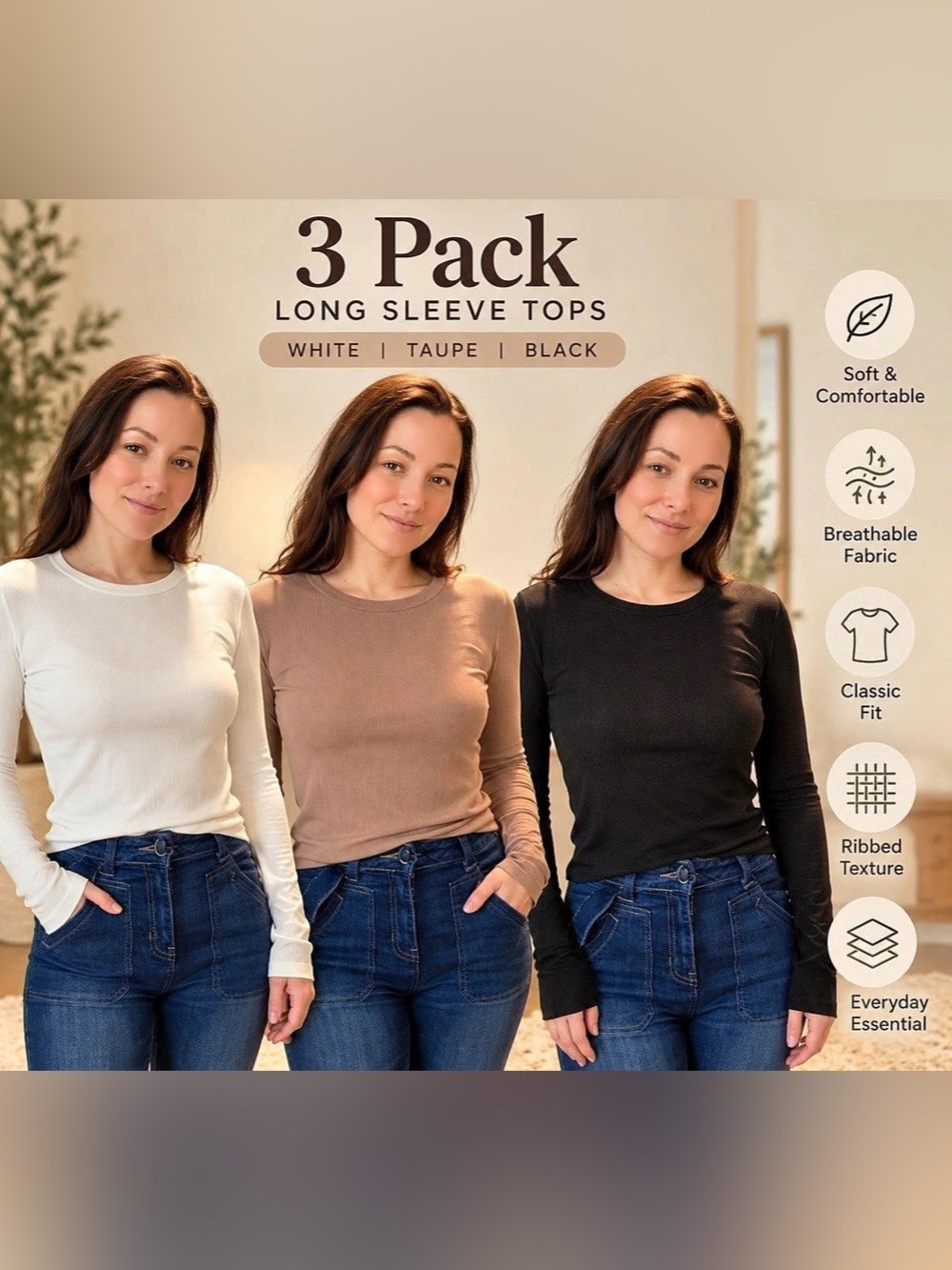 3 Pack Women’s Ribbed Long Sleeve Tops Cream Taupe Black XS/S